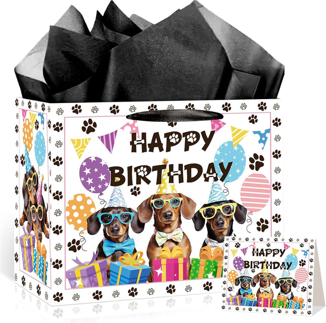 Large Dog Birthday Gift Bag Set with Tissue Paper and Greeting Card Dachshund Dogs Happy Birthday Bag Dachshund Doggy Puppy Dog Pet Paw Gift Wrapping Paper with Handles for Girl Boy Kids Men Women