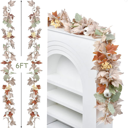 2 Pack Fall Garland Maple Leaf, 5.9Ft/Piece Hanging Vine Garlands Artificial Autumn Foliage Garland Thanksgiving Decor for Home Wedding Fireplace Party Christmas (White&Green)