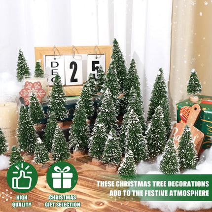 30PCS Artificial Mini Christmas Trees, Mini Pine Tree Sisal Trees with Wood Base Bottle Brush Trees for Christmas Table Top Decor Winter Crafts Ornaments