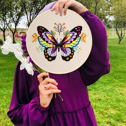 3 Pack Embroidery Starter Kit with Pattern, Flowers Butterfly Stamped Embroidery Kit Including Embroidery Fabrics, Bamboo Hoops, Threads Needles, Hobbies for Women (Green Purple Blue)