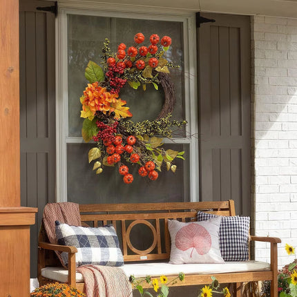 24" Length Fall Wreath Fall Decoration Autumn Decor Door Wreath with Mini Pumpkins for Autumn Harvest Halloween Thanksgiving