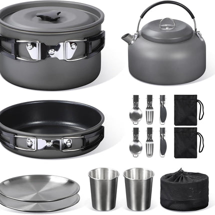 6/10/11/12/14/15/19 PCS Camping Cookware Mess Kit Camping Gear Campfire Utensils Lightweight Stackable Pot Pan Bowls Soup Spoon with Storage Bag for Camping, Backpacking, Outdoor Cooking