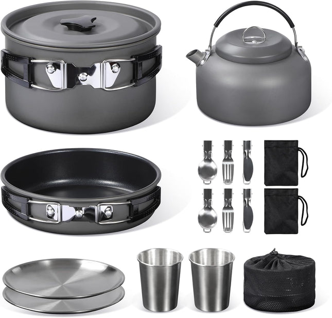 6/10/11/12/14/15/19 PCS Camping Cookware Mess Kit Camping Gear Campfire Utensils Lightweight Stackable Pot Pan Bowls Soup Spoon with Storage Bag for Camping, Backpacking, Outdoor Cooking