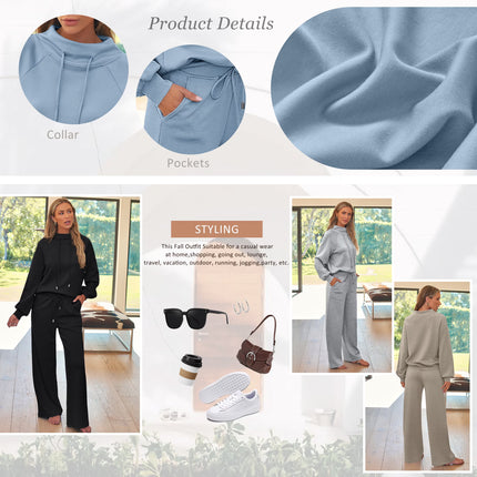 2 Piece Outfits Women Sweatsuits Drawstring Sweatshirt Lounge Sets 2025 Fall Wide Leg Sweatpants Tracksuit with Pockets