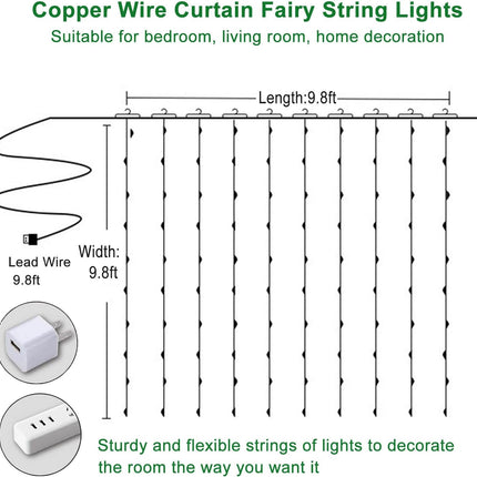 300 LED Curtain String Lights, Fairy String Lights with 8 Light Modes & Remote Controlled, 9.8X9.8Ft Indoor Outdoor String Lights for Christmas, Weddings, Party, Bedroom, Wall, Window (Warm White)