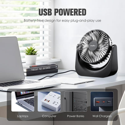 Small USB Desk Fan – 5-Speed Mini Table Fan with Adjustable Tilt, Ultra Quiet, USB Powered, Portable Cooling Fan for Home, Desktop, Bedroom, Bed, Office, Travel, and Camping (Black)