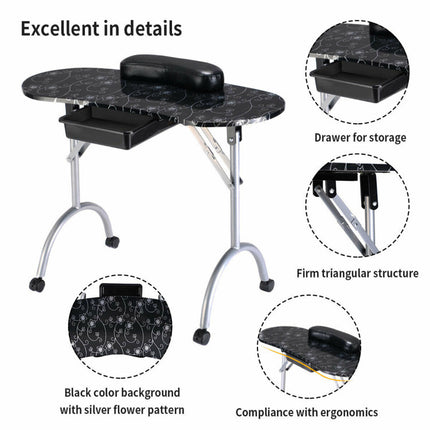 Foldable Portable Manicure Table with Drawer Casters and Cushion