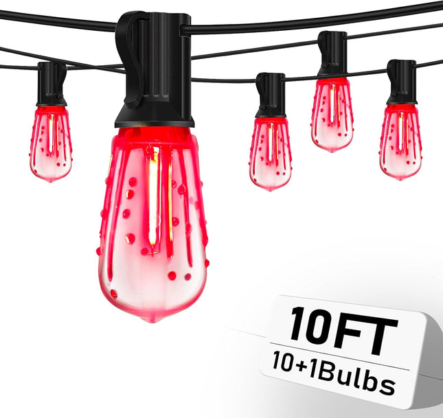 10Ft Halloween LED String Light with Red Blood Tear Drops, Halloween Decorations Lights with 10 ST40 LED Bulbs, Outdoor Spooky Lights for Patio, Balcony, Party Decoration, Black