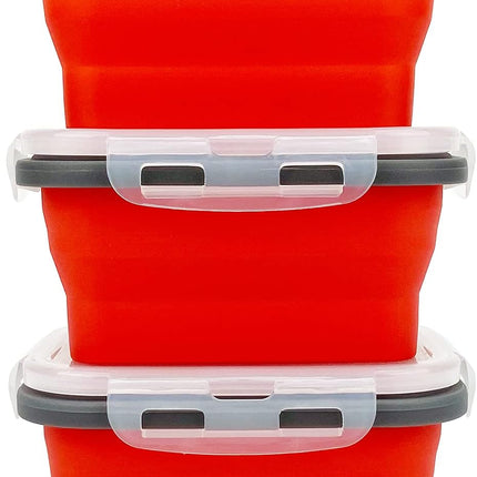 3Piece Collapsible Food Storage Containers with Lids, Silicone Lunch Container, Microwave & Freezer Safe, Space Saving for Kitchen Cabinet and Camping Backpack,(Red Gray)