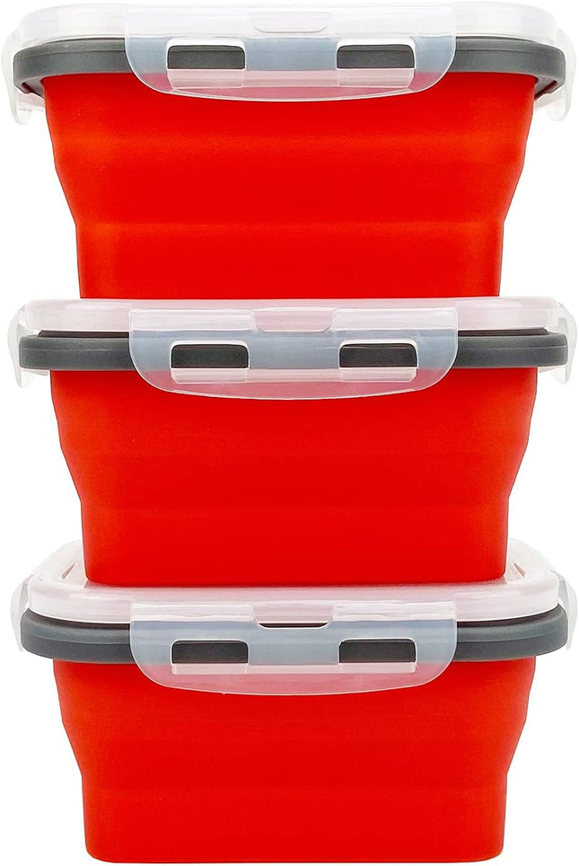 3Piece Collapsible Food Storage Containers with Lids, Silicone Lunch Container, Microwave & Freezer Safe, Space Saving for Kitchen Cabinet and Camping Backpack,(Red Gray)