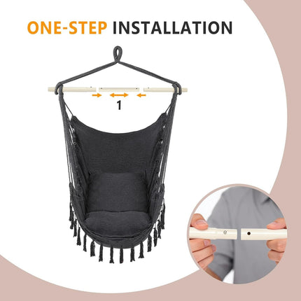 XXL Macrame Hammock Chair - Comfortable Indoor/Outdoor Swing with Drink Holder