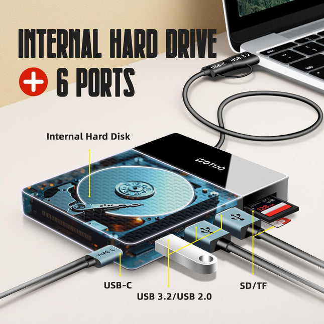 Portable 750GB Docking Station External Hard Drive, USB C Multiport Hub HDD 7-In-1, USB 3.0, SD/TF Card Reader, for Windows, Mac, Android, TV, Phone, Laptop, Desktop