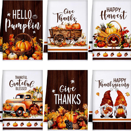 Set of 6 Fall Kitchen Towels Autumn Dish Towel Vintage Pumpkin Towel