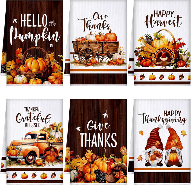 Set of 6 Fall Kitchen Towels Autumn Dish Towel Vintage Pumpkin Towel
