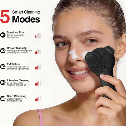 Electric Face Scrubber Exfoliator, Rechargeable Silicone Facial Cleansing Brush with Heat Massage Tip, Vibrating Face Scrubber for Deep Cleaning, Waterproof Face Brush for Men and Women (Deep Black)