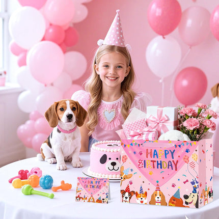 Dog Birthday Gift Bag Pink Puppy Happy Birthday Bags with Tissue Paper Greeting Card Large Cartoon Dogs Wrapping Bag for Boys Girls Dog Lover Pink Pet Bday Party Favors Supplies Decorations