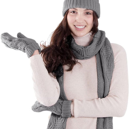 3 in 1 Women Soft Warm Thick Cable Knitted Hat Scarf & Gloves Winter Set