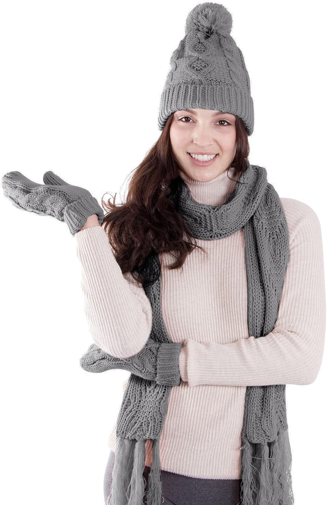 3 in 1 Women Soft Warm Thick Cable Knitted Hat Scarf & Gloves Winter Set