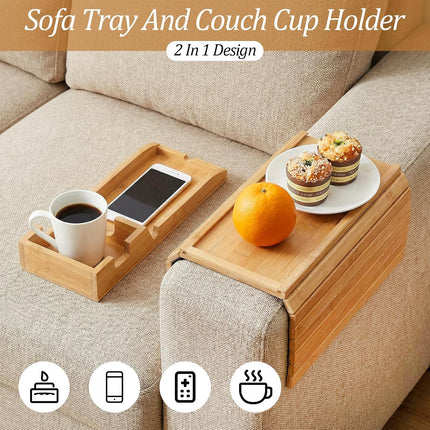 1Pc Bamboo Couch Cup Holder Tray, 4.7X12.6Inch Couch Armrest Table 3 in 1 Anti-Slip Sofa Armchair Caddy Table Couchs Arm Tray with Detachable Cup Holder Foldable Sofas Trays for Drinks Cellphone