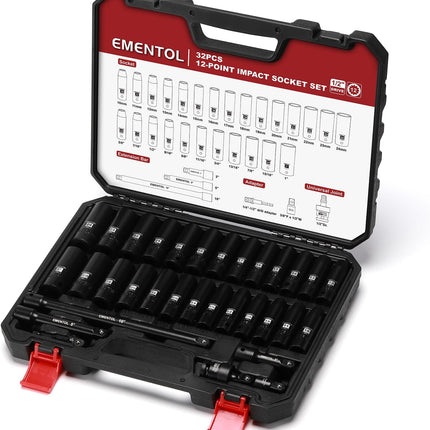 32PCS 1/2" Drive Socket Set, Deep Impact Sockets, SAE(3/8"-1") and Metric(10-24Mm), Including Extension Bars, Universal Joint, Drill&Socket Adapter, 12 Point Design, Cr-V Steel