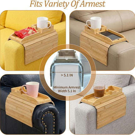1Pc Bamboo Couch Cup Holder Tray, 4.7X12.6Inch Couch Armrest Table 3 in 1 Anti-Slip Sofa Armchair Caddy Table Couchs Arm Tray with Detachable Cup Holder Foldable Sofas Trays for Drinks Cellphone