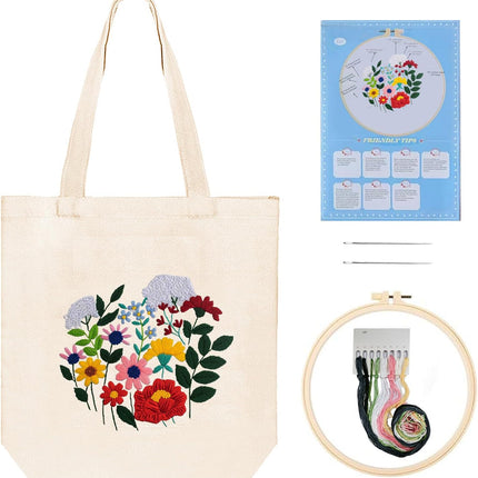 Embroidery Canvas Bag Kits for Adults Beginner Stamped Flowers Pattern DIY Cross Stitch Printed Flower Stitching Sewing Kit