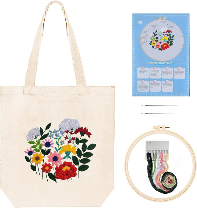 Embroidery Canvas Bag Kits for Adults Beginner Stamped Flowers Pattern DIY Cross Stitch Printed Flower Stitching Sewing Kit