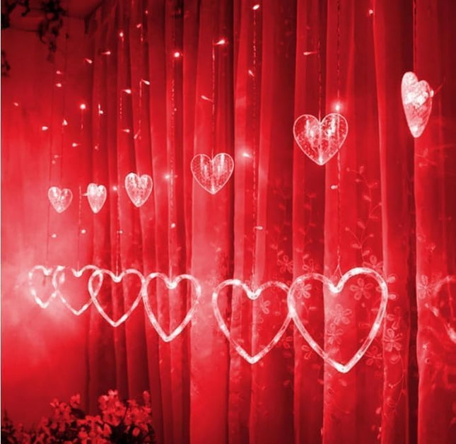 Valentines Day Lights, 138LED 9FT 12Heart Curtain String Lights with 8 Modes, Plug in Galentines Decorations for Indoor Window Outdoor Wedding Party Decor (Red)