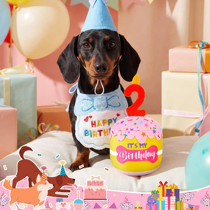 Dog Birthday Cake Toy Squeaky Plush Gift,2Nd,Pink and Yellow