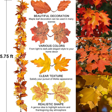 2 Pack Fall Garland Maple Leaf, 5.9Ft/Piece Hanging Vine Garland Artificial Autumn Foliage Garland Thanksgiving Decor for Home Wedding Fireplace Party Christmas (Yellow)