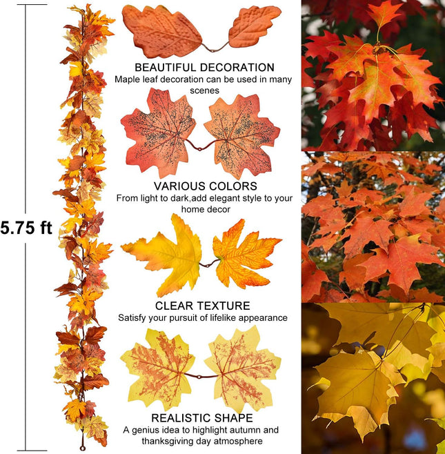 2 Pack Fall Garland Maple Leaf, 5.9Ft/Piece Hanging Vine Garland Artificial Autumn Foliage Garland Thanksgiving Decor for Home Wedding Fireplace Party Christmas (Yellow)