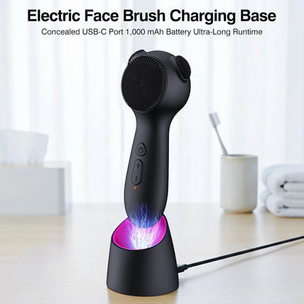 Electric Face Scrubber Exfoliator, Rechargeable Silicone Facial Cleansing Brush with Heat Massage Tip, Vibrating Face Scrubber for Deep Cleaning, Waterproof Face Brush for Men and Women (Deep Black)