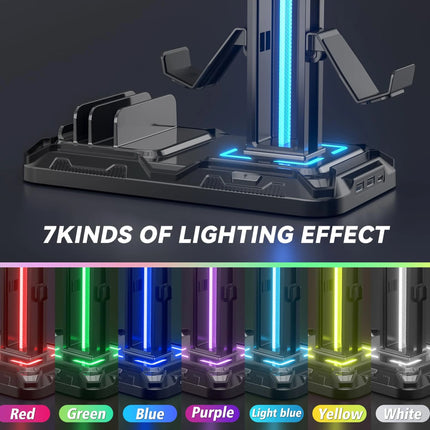 Charging Station, Headphone Stand RGB, Controller Holder with USB A&C PC Gaming Accessories Storage