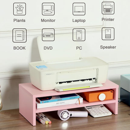 DS502P  20 Inch Pink Monitor Riser Stand - 2 Tiers, Wood Desktop Bookshelf