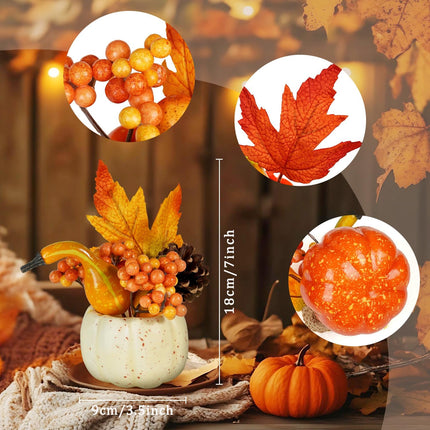 Set of 6 Artificial Pumpkins Decorations, Decorative Orange Pumpkin with Maple Berry Acorn Pine Cone Vegetables for Fall Thanksgiving Harvest Party Decoration