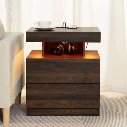 Modern Walnut 2-Drawer 19.7 In. W Nightstand with Smart LED Light and Wireless Charging Station