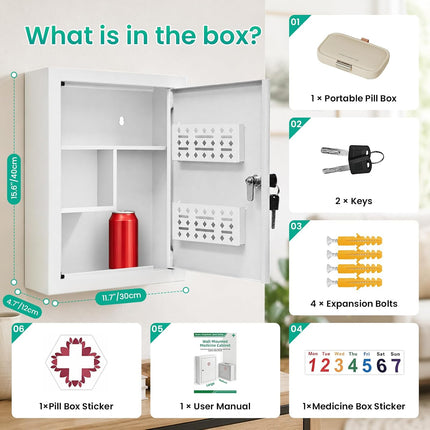 Metal Locking Wall-Mounted Medicine Cabinet, Bathroom Medicine Cabinet Organizer with 3 Compartments & 2 Door Storage Bins, First Aid Cabinet for Home Bathroom Office, Weekly Pill Organizer Included