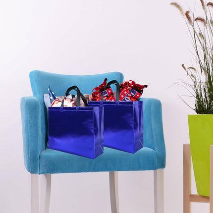 15 Pcs Glossy Blue Reusable Gift Bags with Handles, Party Gift Bags Bulk with Sturdy Bases, Ideal Goodie Bag for Birthday, Wedding, Christmas, Holiday-12.6 X 4.7 X 11 In