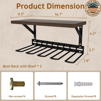 Wall Mount Boot Rack, Garden Tool Organizer with Curved Hooks & Wood Shelf