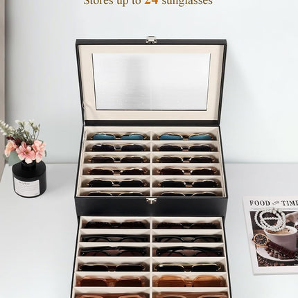 Sunglasses Storage Organizer Case with 24 Adjustable Slots, 2 Layer Multi Eyeglass Glasses Display Box with Lid Women