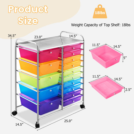 15-Drawer Utility Rolling Cart with Drawers Multi-Use Storage