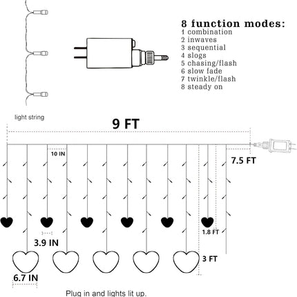 Valentines Day Lights, 138LED 9FT 12Heart Curtain String Lights with 8 Modes, Plug in Galentines Decorations for Indoor Window Outdoor Wedding Party Decor (Red)