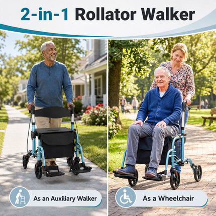 2 in 1 Rollator Walker Aluminum Walking Aid Assistant with Storage Space