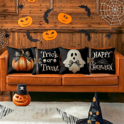 Happy Halloween Spider Web Pumpkin Ghost Throw Pillow Covers 18X18 Set of 4 Trick or Treat Spooky Skull Polka Dot Bow Cushion Case Decorations for Sofa Couch