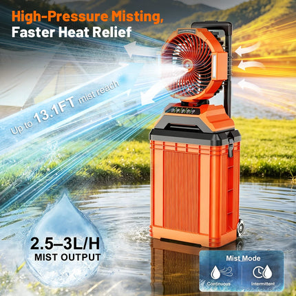Portable Misting Fan with 15L Bucket, 30000Mah Spray Fan with Night Light, 9.5-Inch Camping Fan with Remote Control, 4 Wind Speed & 4 Spray Mister, for Patio,Fishing,Yard,Beach,Golf