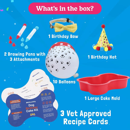 Dog Birthday Cake Kit - Bake Birthday Cakes for Dogs - Dog Party Supplies Set with - Large Cake Mold, 3 Vet-Backed Cake Recipes, 2 Drawing Pens, 10 Balloons, Birthday Hat & Bow