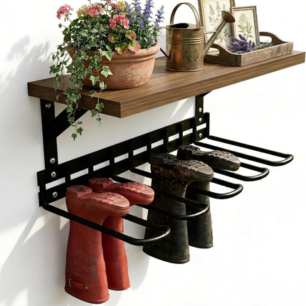 Wall Mount Boot Rack, Garden Tool Organizer with Curved Hooks & Wood Shelf