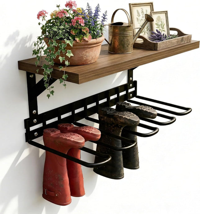 Wall Mount Boot Rack, Garden Tool Organizer with Curved Hooks & Wood Shelf