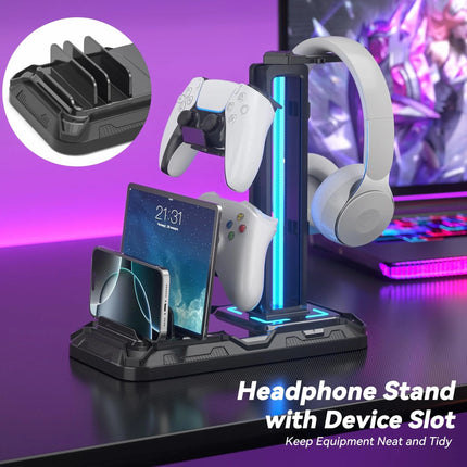 Charging Station, Headphone Stand RGB, Controller Holder with USB A&C PC Gaming Accessories Storage