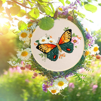 3 Pack Embroidery Starter Kit with Pattern, Flowers Butterfly Stamped Embroidery Kit Including Embroidery Fabrics, Bamboo Hoops, Threads Needles, Hobbies for Women (Green Purple Blue)